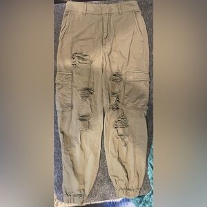 size small, olive green joggers, distressed